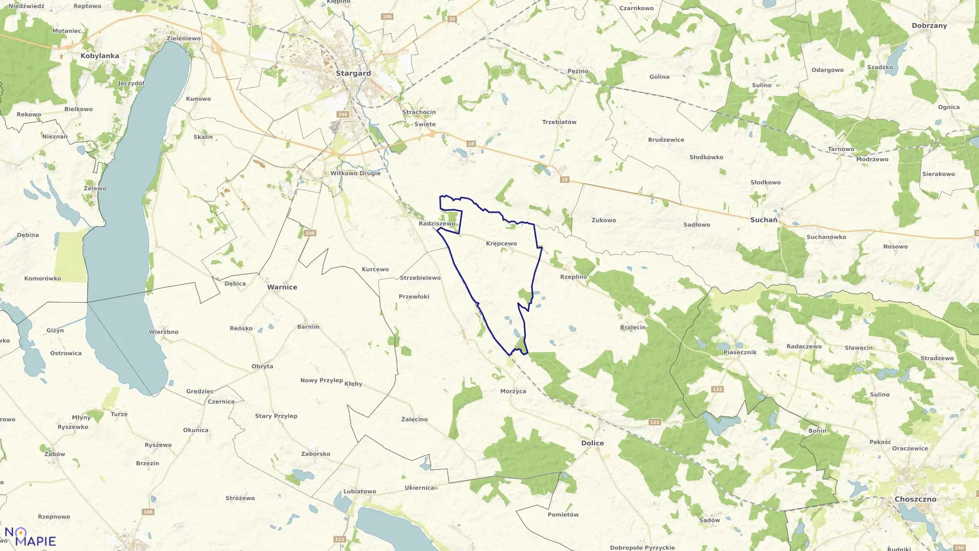 Mapa obrębu Krępcewo w gminie Dolice
